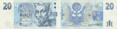 20 Kč 1994 (var. 1996) sér. B 05 - proužek vlevo     Hej. CZ 14a;