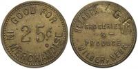 USA - Nebraska. Wilber, Rezabek & Henning, druhé jméno zbroušeno a přeraženo IGA, hodnota 25 c. (30. léta 20. stol.). Mosaz 27,4 mm (čeští živnostníci v USA)