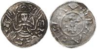 Břetislav I. (1037-55). Denár. Cach-310. prasklý na 2 poloviny, slepen. patina